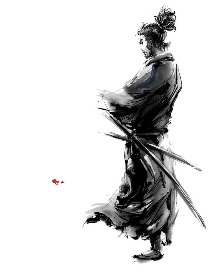 ink wash illustration of a samurai holding two swords